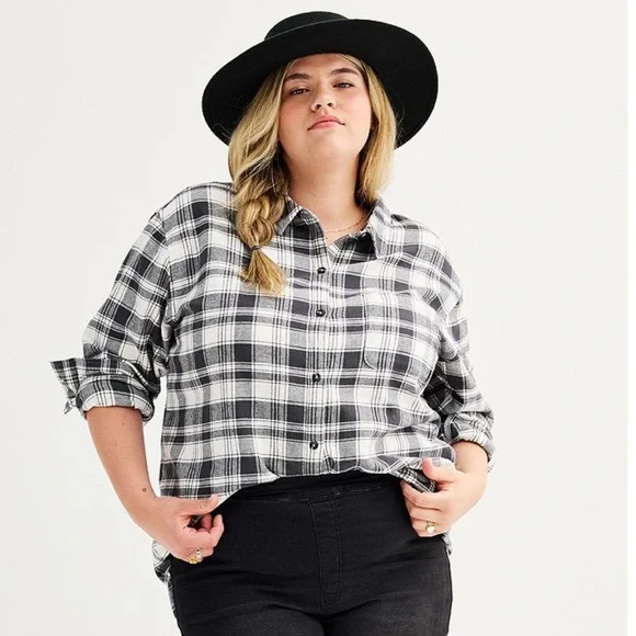 SO Good For Life Plaid Dark Gray, Gray White Flannel Women's Plus Size Sz 1X NWT - Picture 2 of 9
